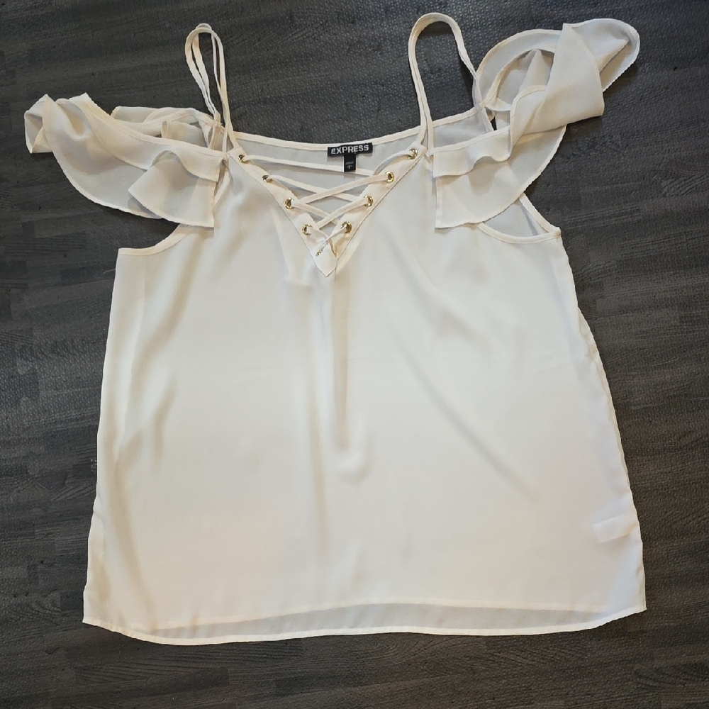 Express Cream Lace-Up Ruffle Blouse